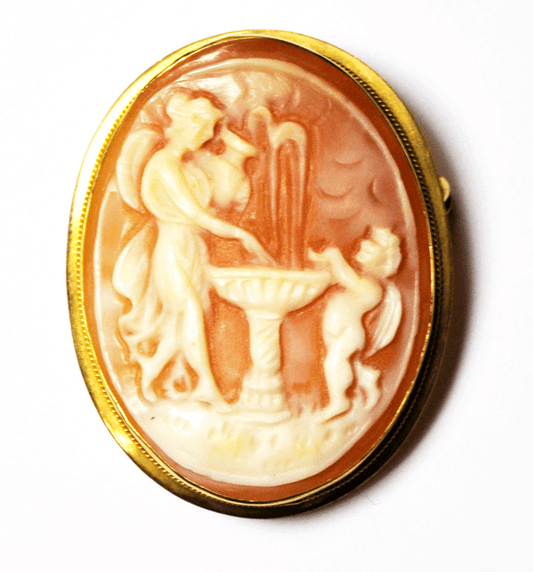 Antique Cameo Brooch Pin Pendant Angel Cherub Fountain 18k 30mm by 37mm