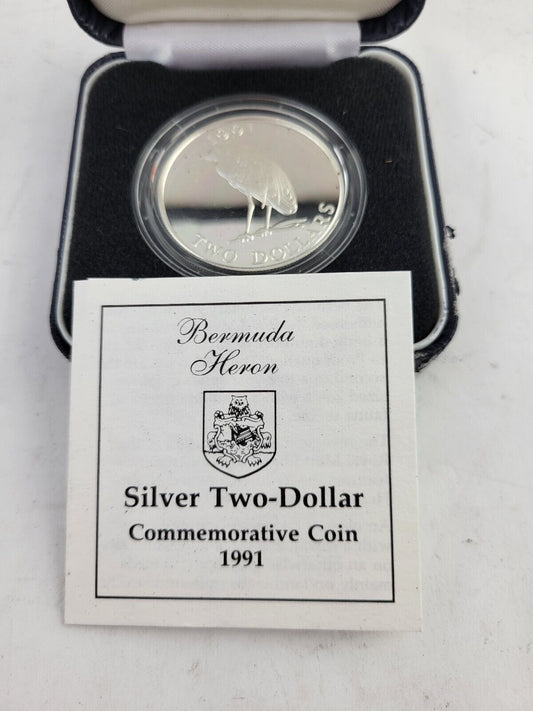 1991 Bermuda Silver 2 Dollars  Yellow Crowned Night Heron