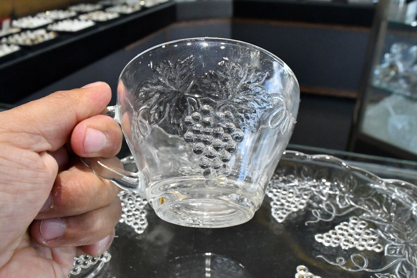14pc. Molded Glass Grapevine Tea cup and Sandwich Plate Set Unsigned