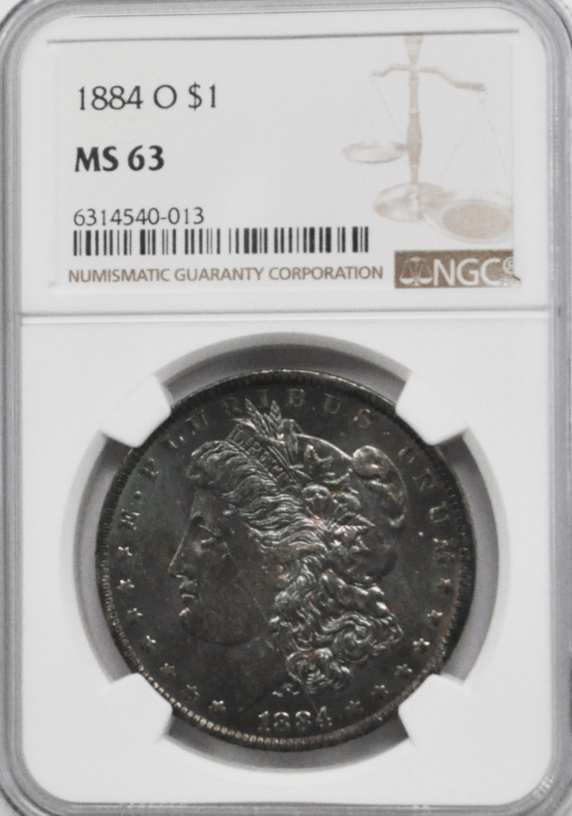 1884 O $1 Morgan Silver One Dollar MS63 NGC Roller Mark Dissecting Toned Obverse