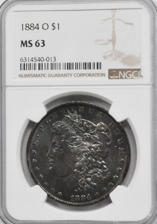 1884 O $1 Morgan Silver One Dollar MS63 NGC Roller Mark Dissecting Toned Obverse