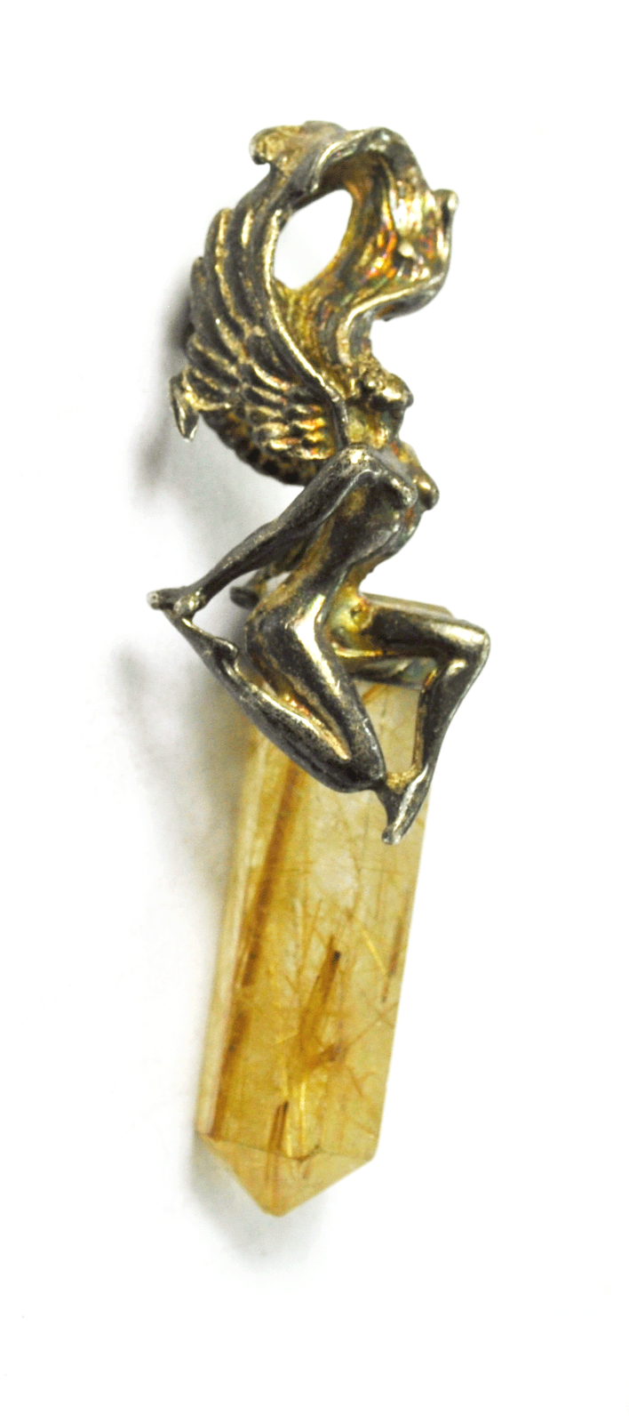 Antique 900 Fine Silver Goddess Angel Rutilated Quartz Point Pendant 2"