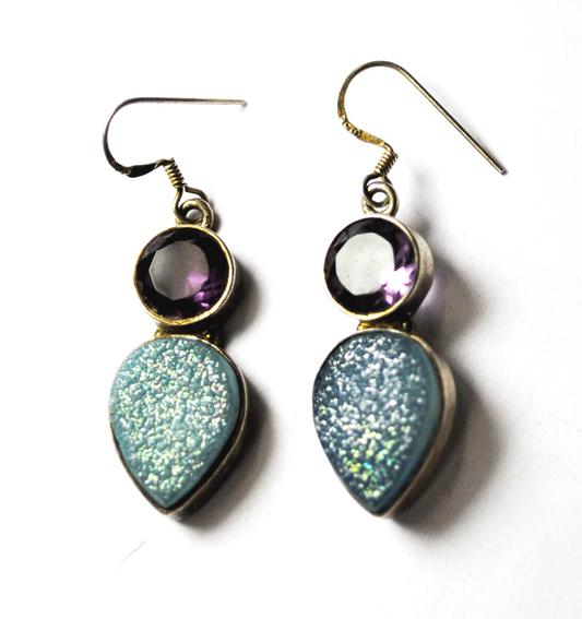 Sterling Silver Amethyst Aqua Druzy Quartz Dangle Earrings 13mm 1.75"