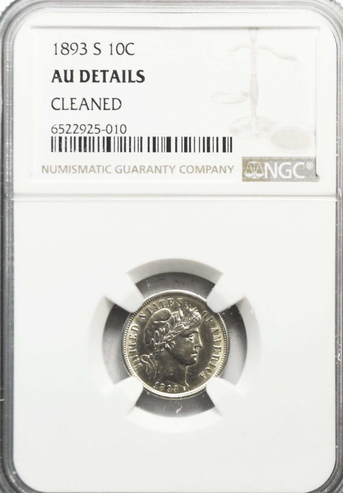 1893 S 10c Barber Silver Dime Ten Cents San Francisco AU Details