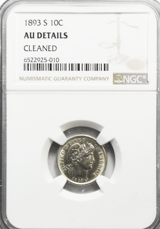 1893 S 10c Barber Silver Dime Ten Cents San Francisco AU Details