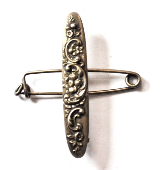Antique Sterling Silver Floral Safety Pin Clip Repousse 2-1/4" x 2"