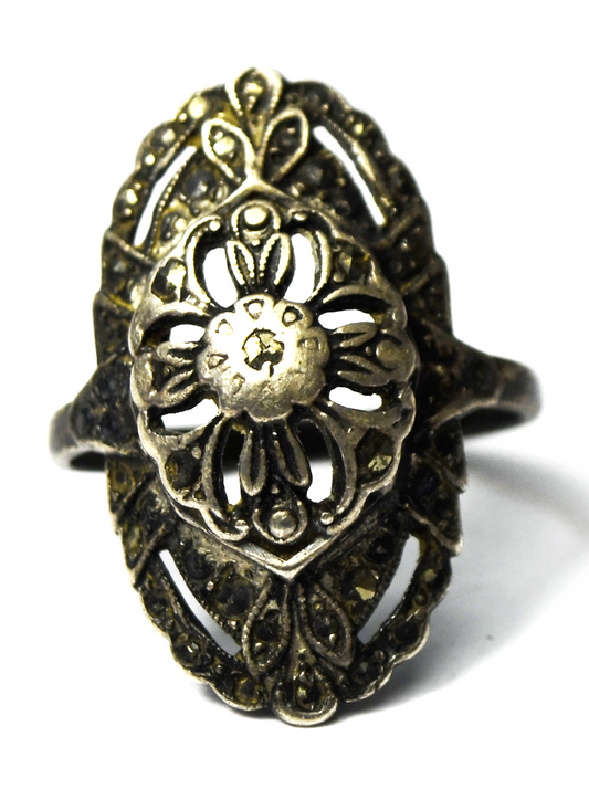 Sterling Silver Vintage Marcasite Domed Filigree Ring 25mm Size 5-1/2