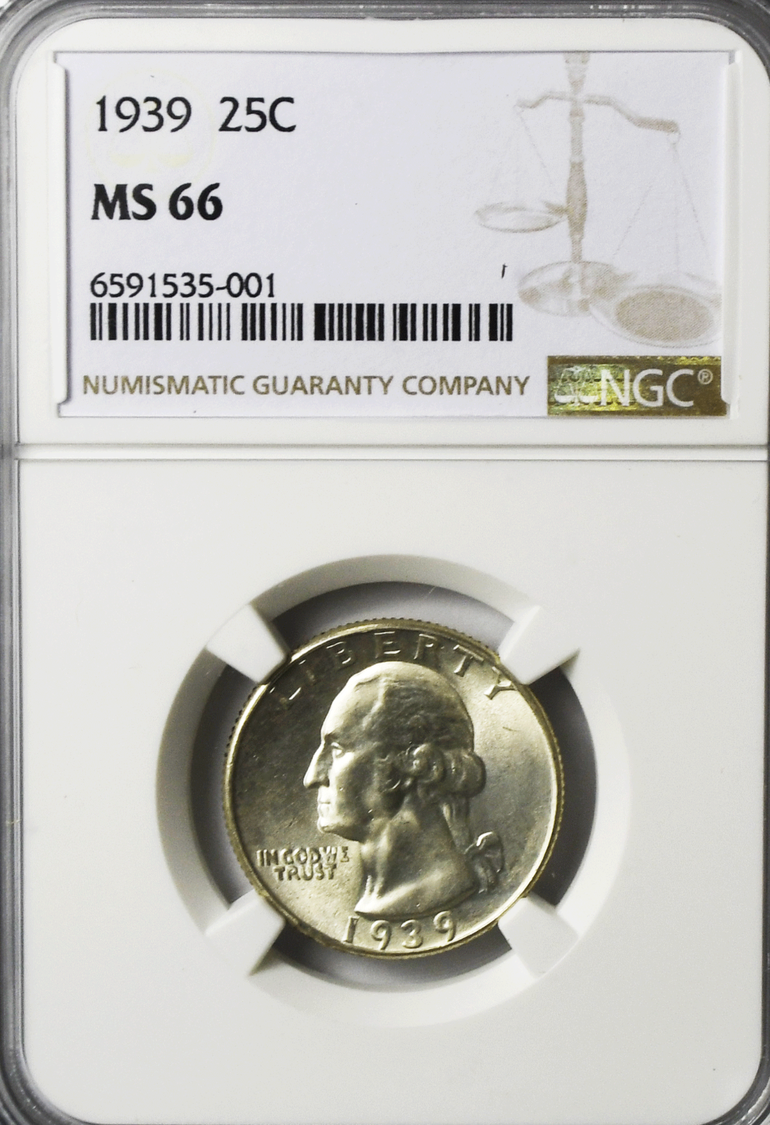 1939 25c Washington Silver Quarter Dollar NGC MS66 Brilliant Uncirculated