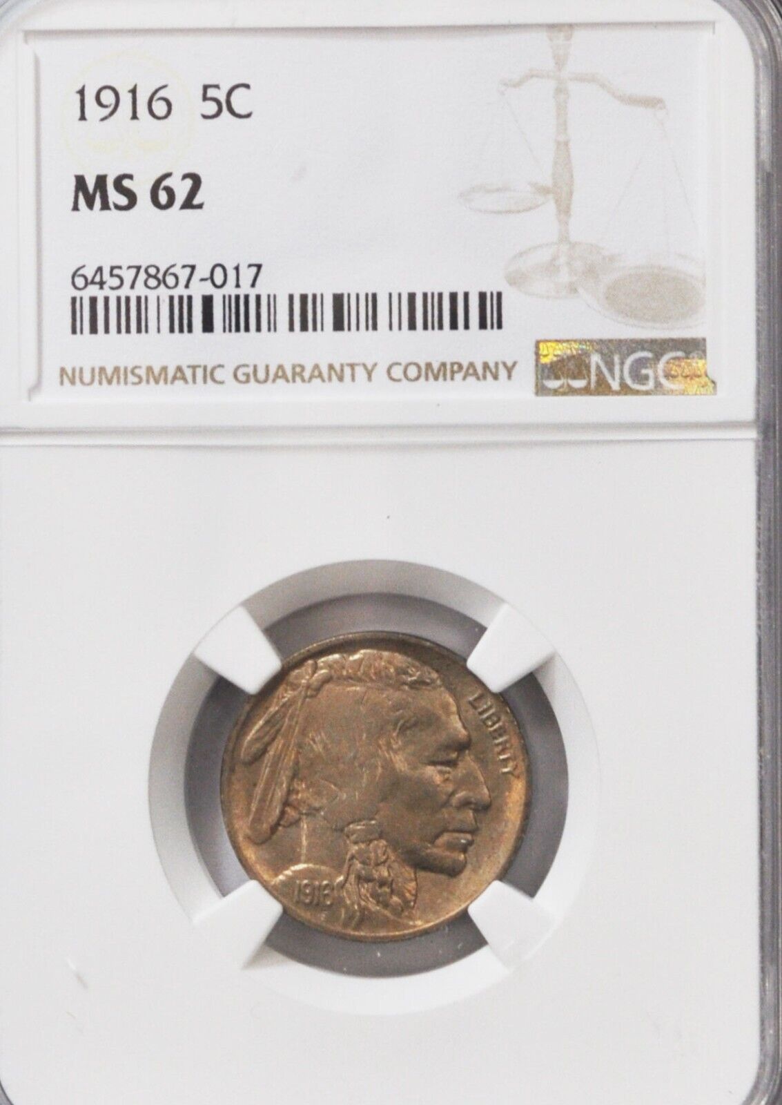 1916 5c Buffalo Nickel Five Cents Philadelphia MS62