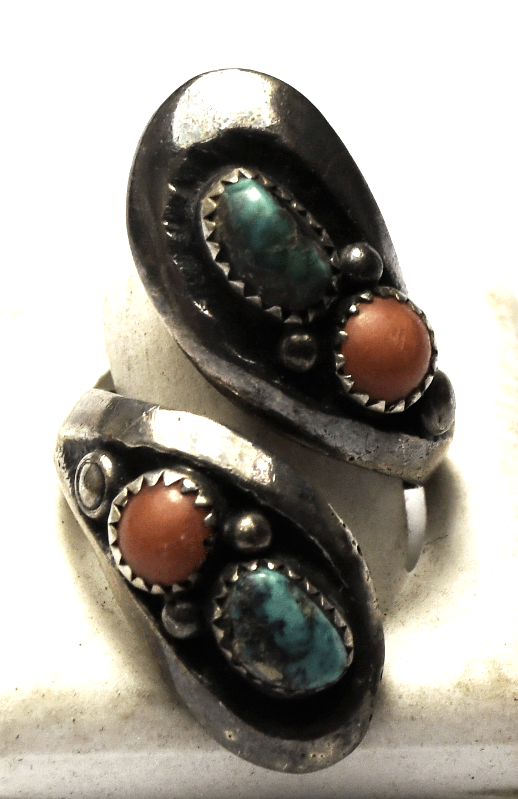 Antique Sterling Silver Turquoise & Coral Bypass Ring 40mm Size 9 Sandcast