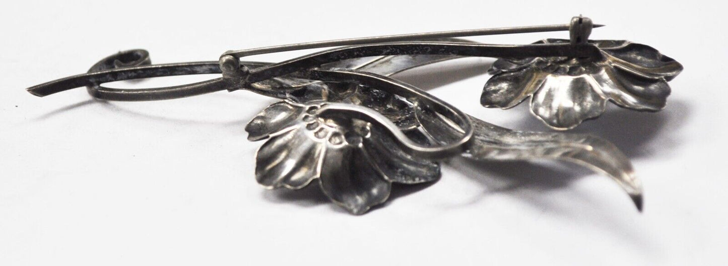 Sterling Silver Double Flower Leaf Quartz Vintage Brooch Pin 4-1/4" x 58mm