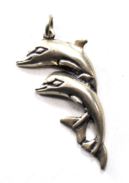 Sterling Silver Pipis Double Jumping Dolphin Pendant Charm 41mm x 20mm