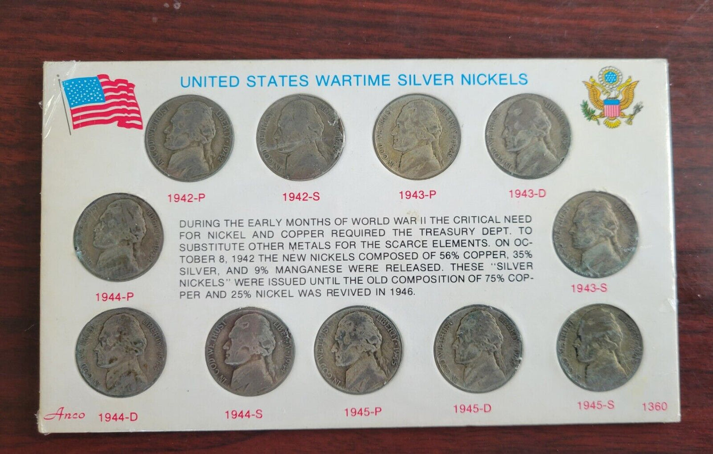 1942-1945 United States Wartime Silver Nickels 11 Coin Set Anco 1360 Holder
