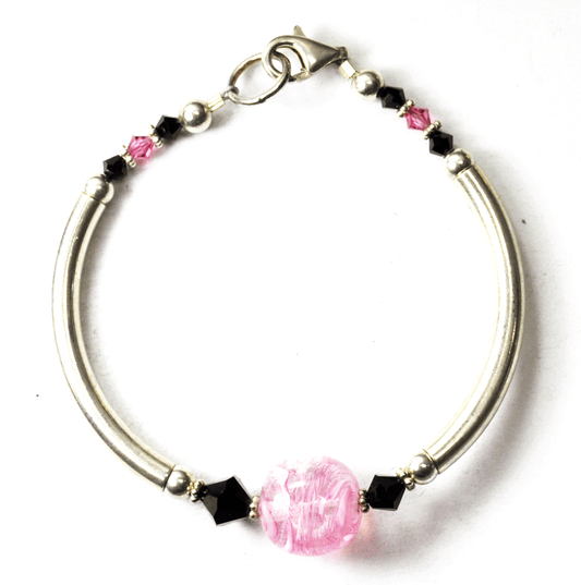 Sterling Silver Pink Murano Glass Black Bead Bracelet 9mm 7.5"