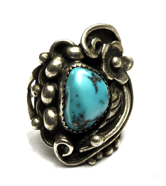 Sterling Silver Signed FG Turquoise  Flower Floral Dot Ring 26mm Size 5-1/4