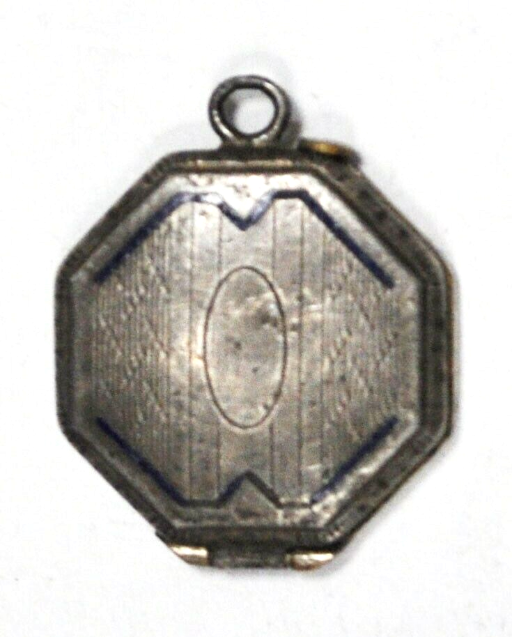 Sterling Silver Octagon Enamel Antique Puffy Charm Locket Pendant 21mm x 17mm