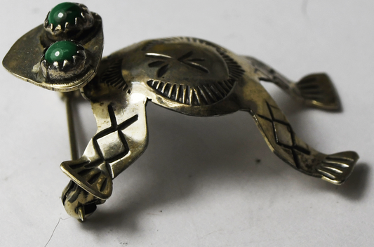 Sterling Running Bear Malachite Eyes Frog 3-D Brooch Pin 38mm x 28mm
