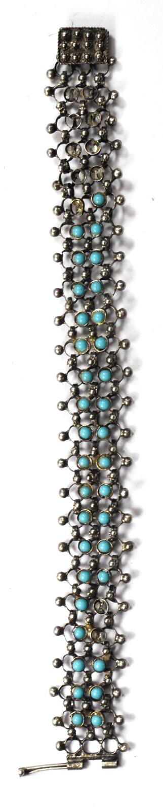 Vintage Sterling Silver Chain Maille Turquoise Dot Bracelet 6-3/4" 19mm