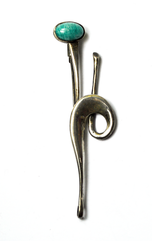 Sterling Silver Amazonite Blue Oval Long Vintage Brooch Pin Abstract 3-5/8"