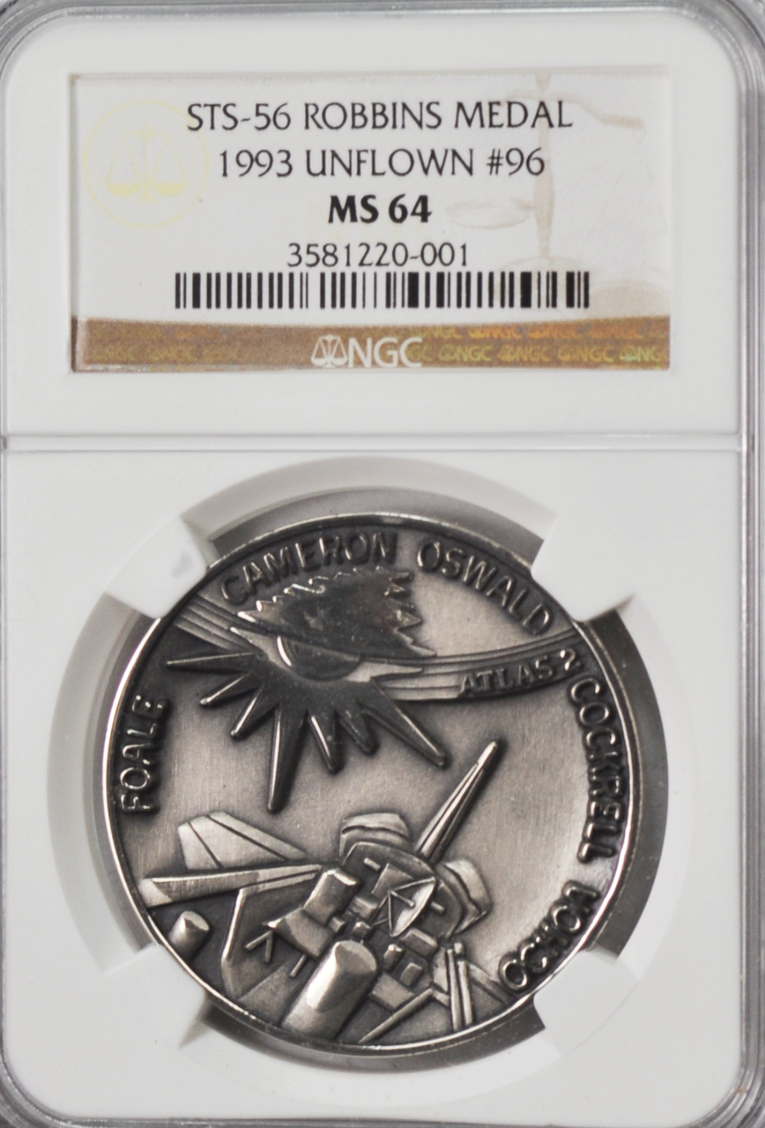 1993 STS-56 Robbins Silver Space Medal Unflown #96 NGC MS64 Discovery Atlas 2