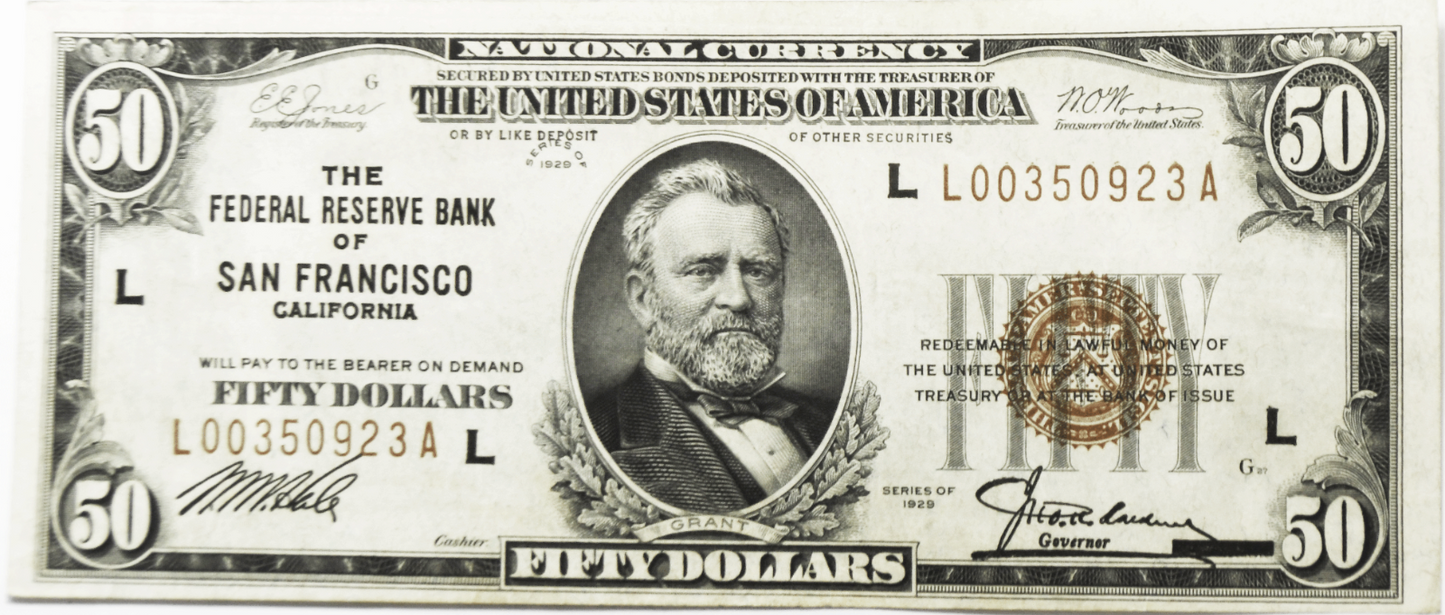 1929 $50 FRBN Federal Reserve Bank Note San Francisco L00350923A AU
