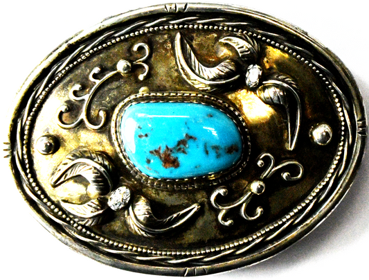 Sterling Silver Signed SS Turquoise CZ Belt Buckle 3-5/8" x 2-3/4" 55mm Belt