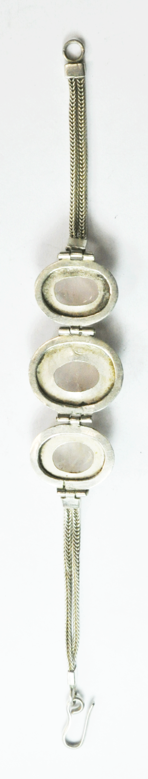 Sterling Silver Light Pink Crackled Quartz 26mm 3 Oval 2 Chain Bracelet 7.5"