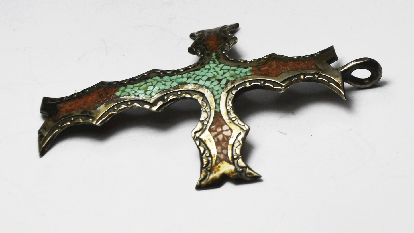 Sterling Turquoise Coral Chip Inlay Domed Jagged Cross Pendant 73mm x 49mm