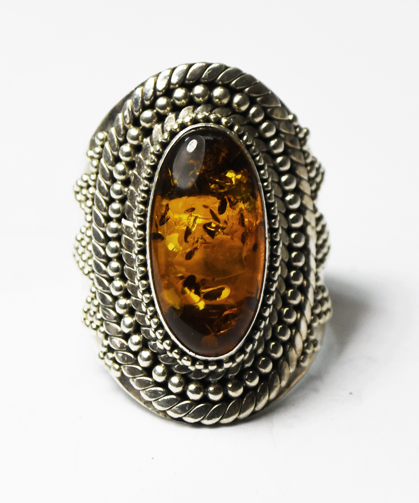 Sterling Silver Bali Suarti Oval Amber Dot Halo 28mm Ring Size 8-1/4