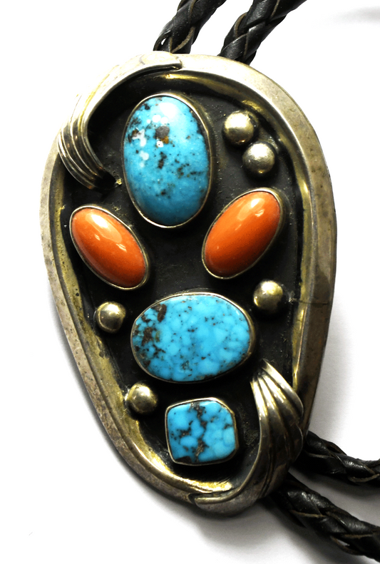 Sterling Turquoise Coral Ovoid 67mm Bolo Tie 19" Double Black Leather Cord