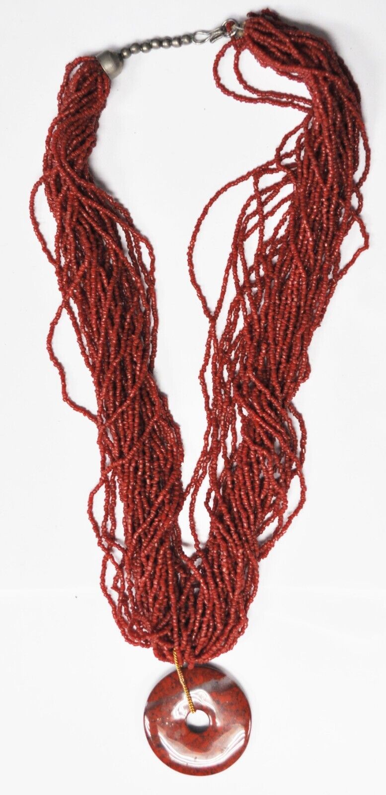 Nickel Silver 30 Strand Coral Seed Bead 23" Necklace Red Jasper 34mm Pendant