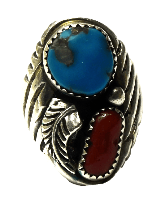 Sterling Silver Turquoise & Coral Sand Cast Ring 29mm Size 7-1/2