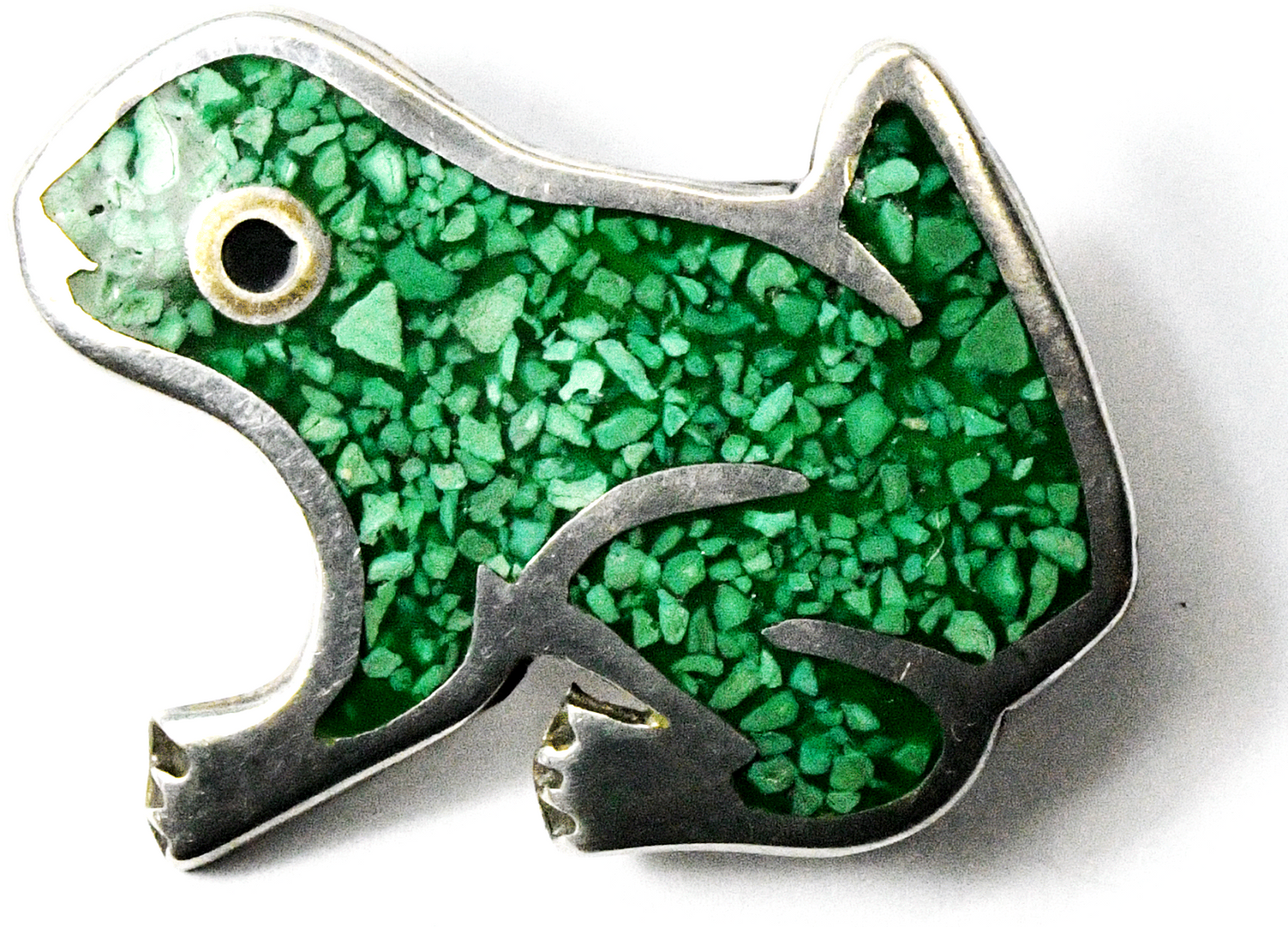 Sterling Silver Frog Green Chip Turquoise Inlay Brooch Pin 43x40mm
