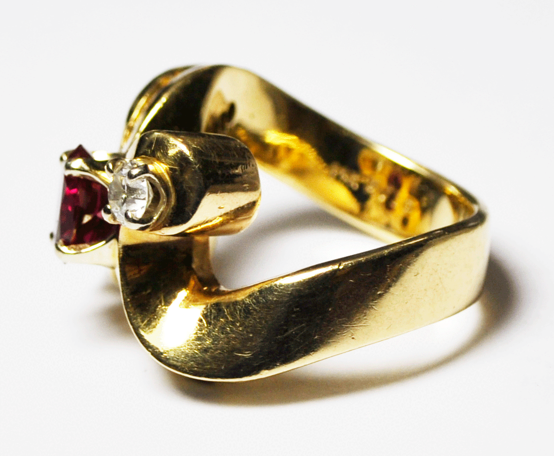 14k Yellow Gold Ruby & Diamond Freeform Double Hook Open Heart Ring 15mm Size 7