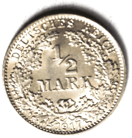 1917 A Germany Empire Silver Half 1/2 Mark Coin KM#17 Uncirculated