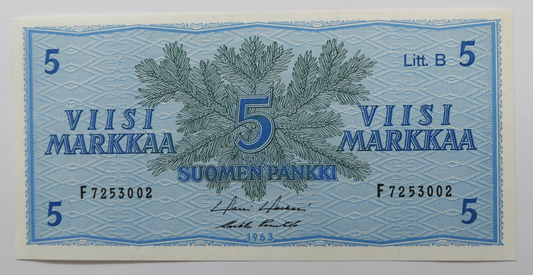 1963 Finland 5 Five Markkaa Suoment Pankki Uncirculated Banknote