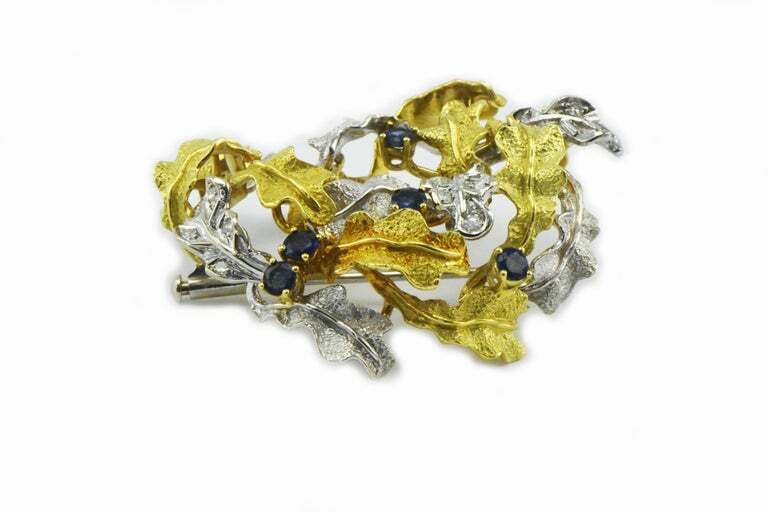 Vintage Two-Tone 18 Karat Gold Sapphire and Diamond Leaf Pendant Brooch 21 Gram