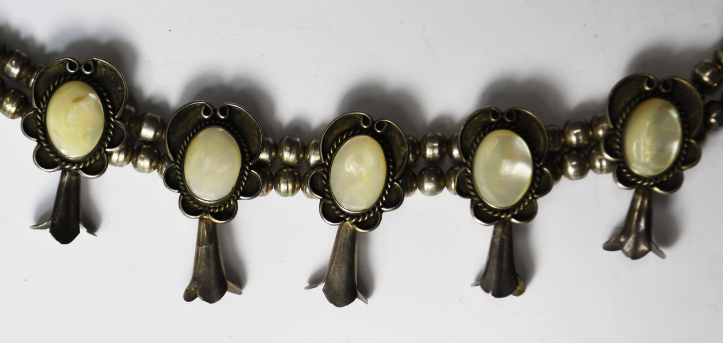 Coin Silver 26" Squash Blossom 3-5/8" Naja MOP 47mm Earrings 54mm Cuff Bracelet