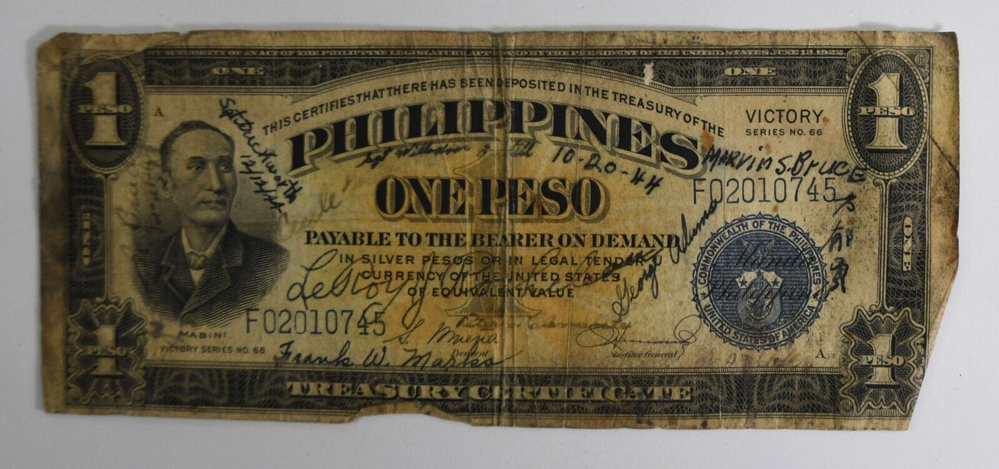 19-  No. 66  Philippines One 1 Pesos Banknotes Victory Short Snorter
