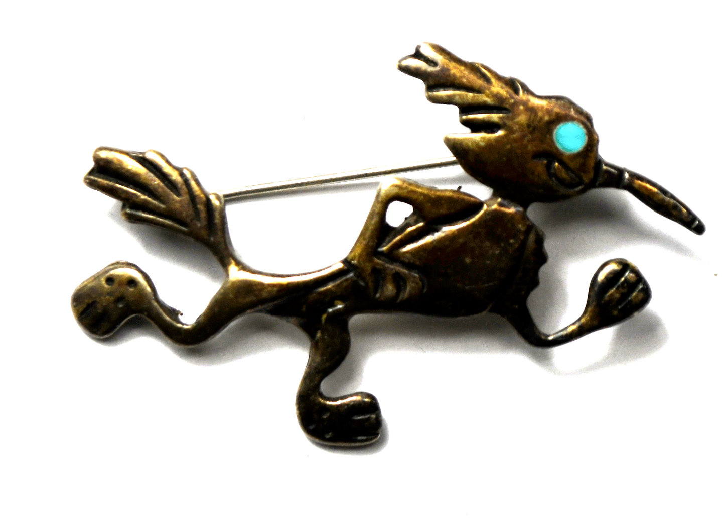 Sterling Silver Roadrunner Turquoise Eye Brooch Pin 51mm x 34mm