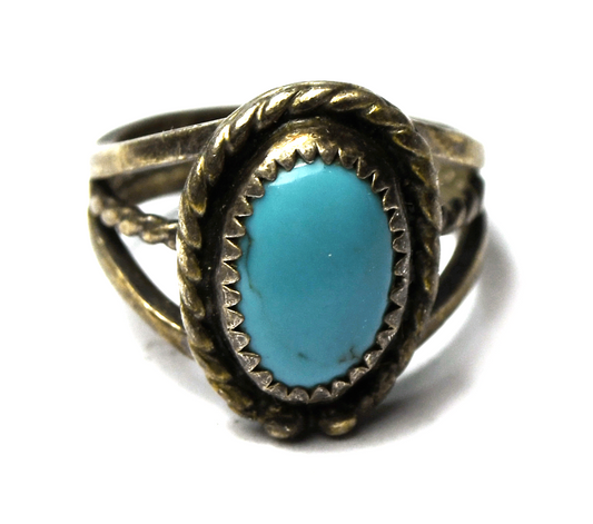 Sterling Silver Antique Turquoise Oval 3 Part Band Ring 15mm Size 4