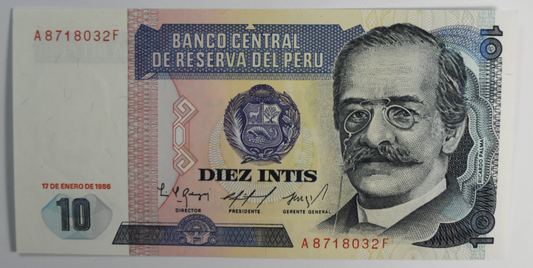 1986 Peru 10 Ten Intis Uncirculated Bank Farmer Note A8718032F