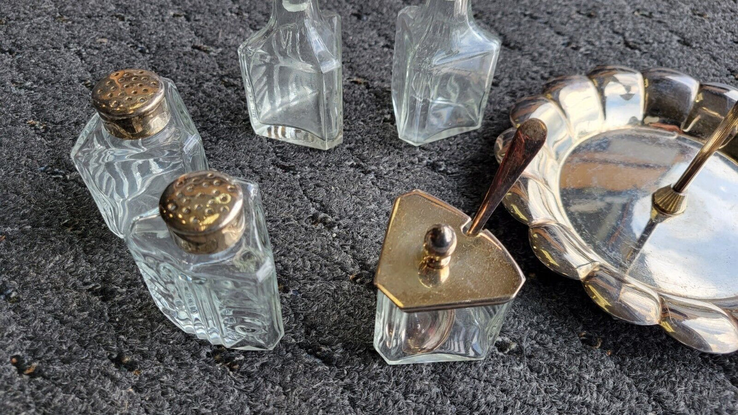 6pc. Vintage Silver Plated Condiment Serving Set/Caddy  Salt Pepper Oil Vinegar