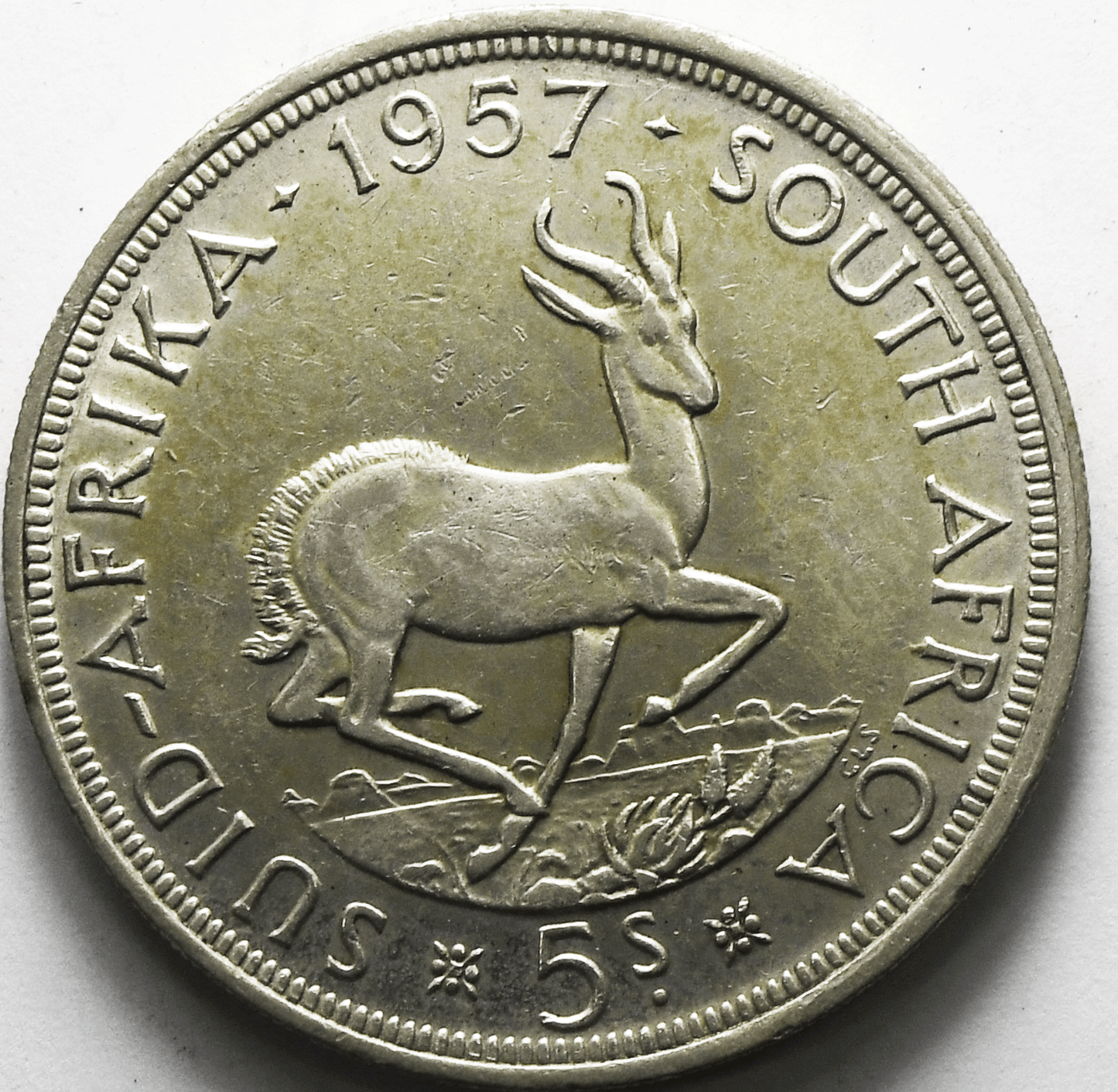 1957 South Africa 5 Five Shillings Silver Coin KM# 52