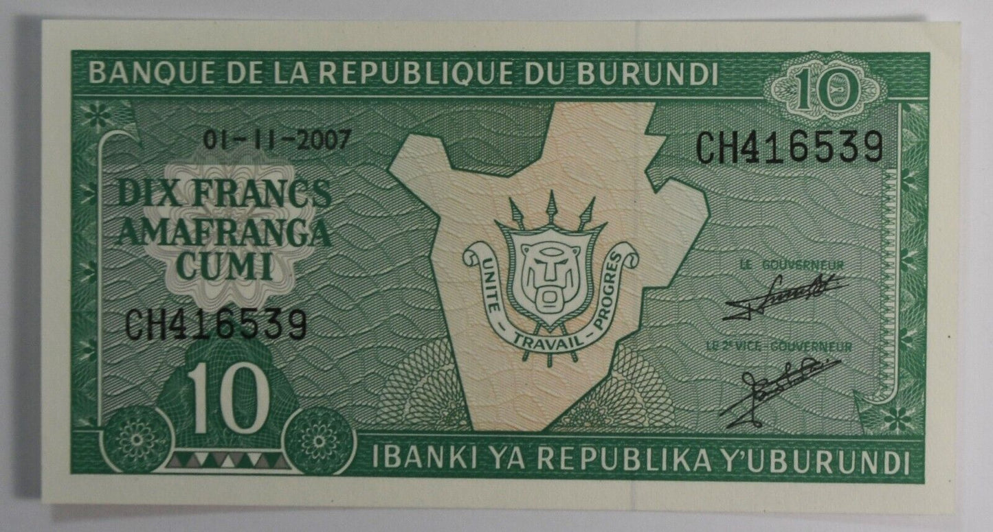 2007 Burundi 10 Ten Francs Banknote CH416539