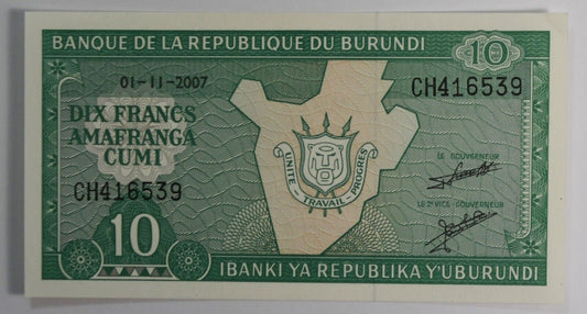 2007 Burundi 10 Ten Francs Banknote CH416539