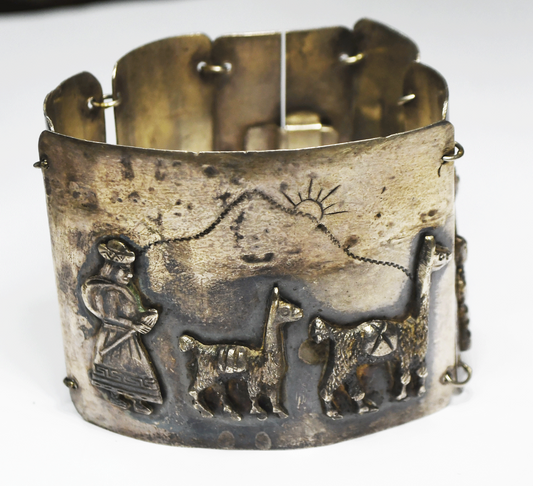 Sterling Silver Peru Wide Panel Llama Farmers Etched Bracelet 50mm 7.25" 64g
