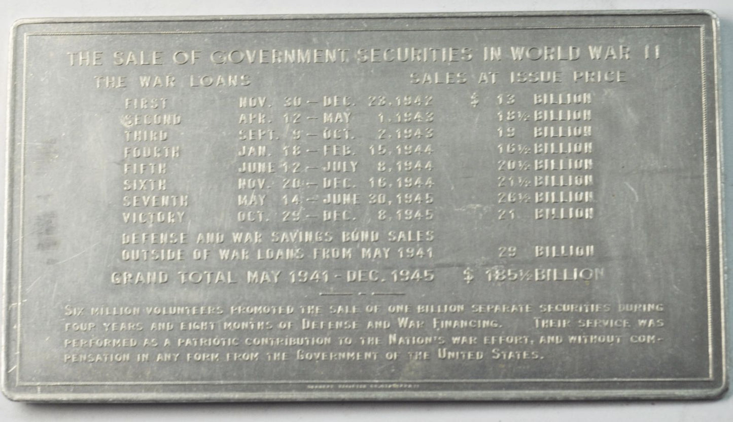 1946 WWII War Bond Appreciation Aluminum Plaque 3-3/8"