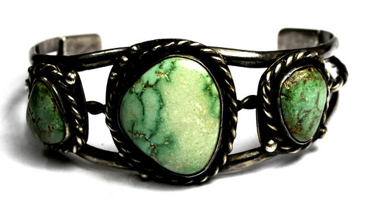 Sterling Silver Pale Green Triple Turquoise 3 Bar Cuff Bracelet 28mm 7" Wrist