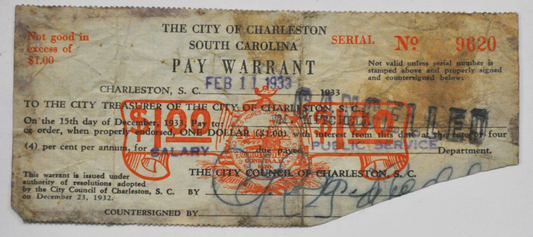 $1 Charleston South Carolina One Dollar Pay Warrant #9620
